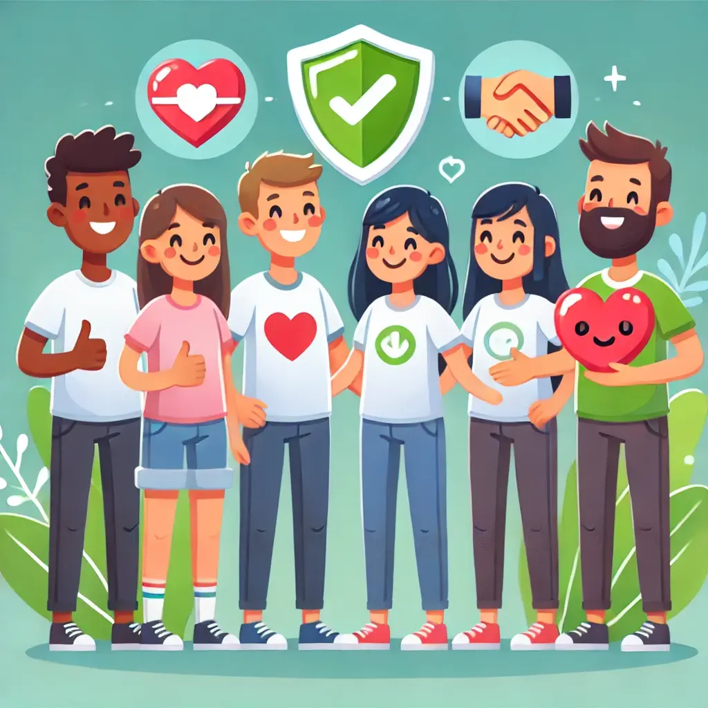 DALL·E 2024-11-05 15.38.02 - Clip art style image conveying trustworthiness, with a diverse group of smiling, friendly cartoon characters standing together. One character holds a DALL·E 2024-11-05 15.38.02 - Clip art style image conveying trustworthiness, with a diverse group of smiling, friendly cartoon characters standing together. One character holds a